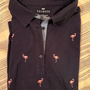 Talbots Black Polo with Pink Flamingo Embroidery